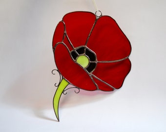 Poppy Decor Flower Hanging Stained glass Panel - Red poppy Window Decoration Art Sun Catcher and Wall Decor Home - Poppy Gifts