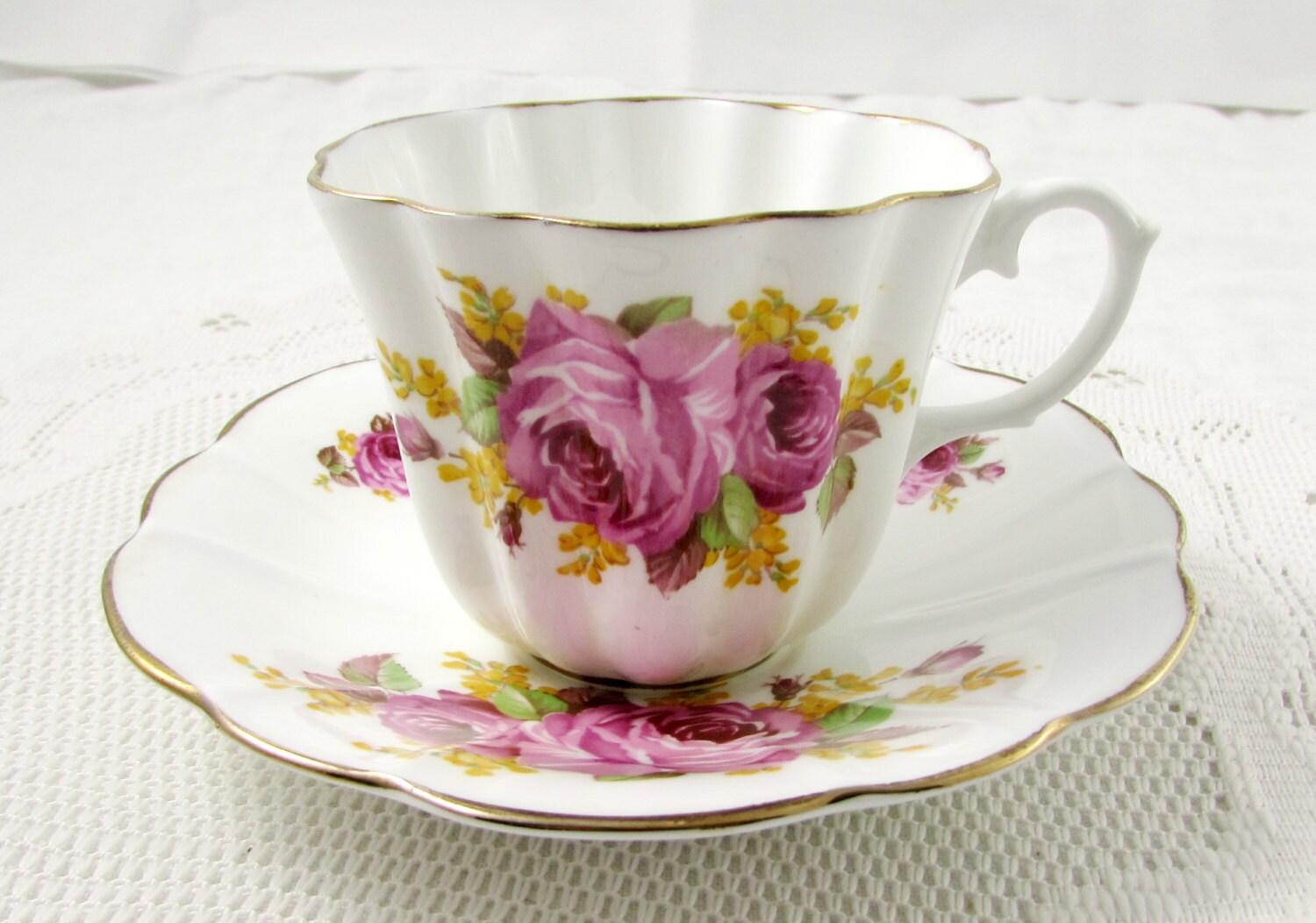 Royal Stuart Tea Cup and Saucer with Pink Roses Ruffled