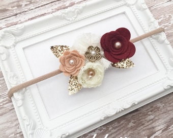 Burgundy Gold Headband, Fall Baby Headband, Fall Wedding Headband, Maroon Champagne Baby Headband, Gold Hairbows, Glitter Felt Headband