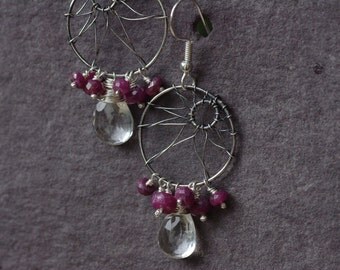 Quartz & Ruby Earrings, Asymmetrical Lotus Flower Earrings Sterling Silver Cluster Drop Earrings Ruby and Quartz Earrings July Birthstone