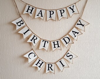 Personalized birthday banner, Burlap Birthday Banner, happy birthday sign, happy birthday decor, happy birthday banner black, White