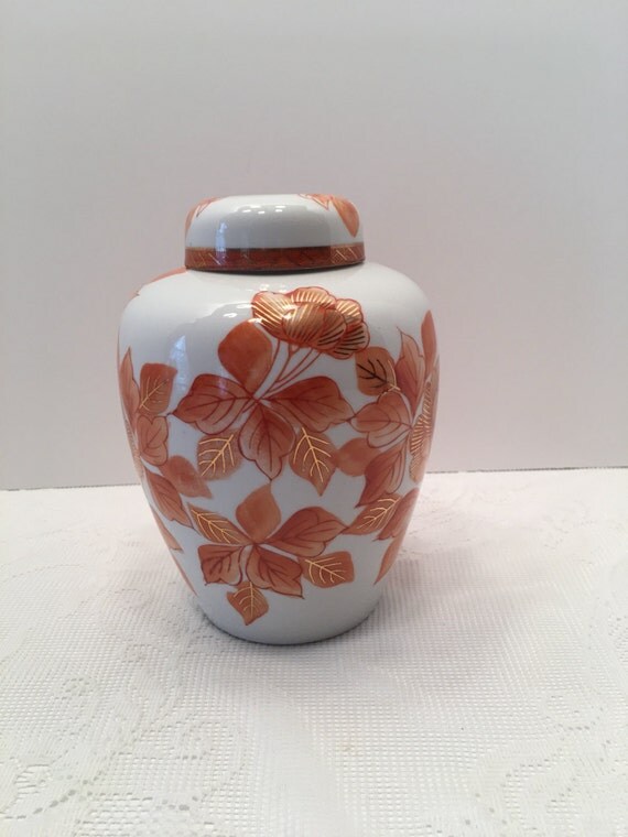 Japan Ginger Jar Vase Top Included Floral Design Orange