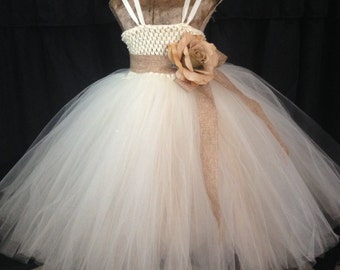 Rustic flower girl dress, rustic tutu dress, country wedding, poofy flower girl dress, southern flower girl dress, ivory and burlap wedding