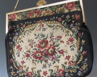 VINTAGE AUSTRIAN PURSE pocketbook handbag crewel embroided with ITALian handmirror