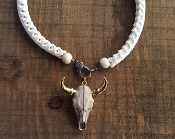 Longhorn snake vertebrae necklace with diamond clasp