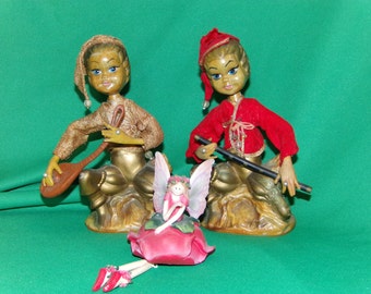 Pair of Elfs, Pixie Flute Player and stringer player 60's Magic, Figurines Rare set larger Size 8 inches