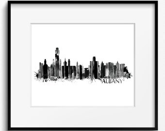 Albany Skyline Watercolor Black and White Art Print (711) Cityscape New York USA