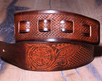 Handmade Leather Guitar Belt - Leather Guitar Strap - Brown and Tan - Hand tooled Basket weave pattern with Flower image