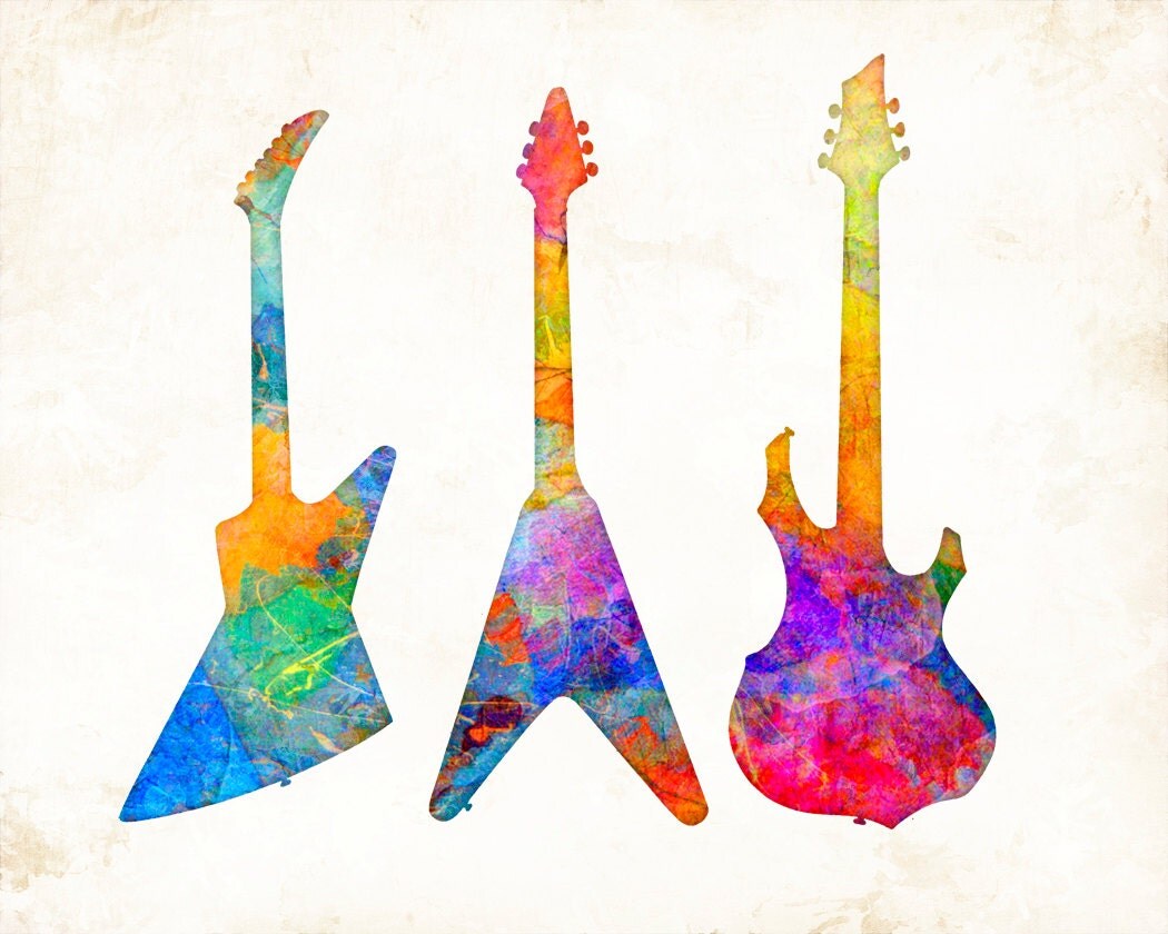 Watercolor Electric Guitars Art Print signed by Artist Dan