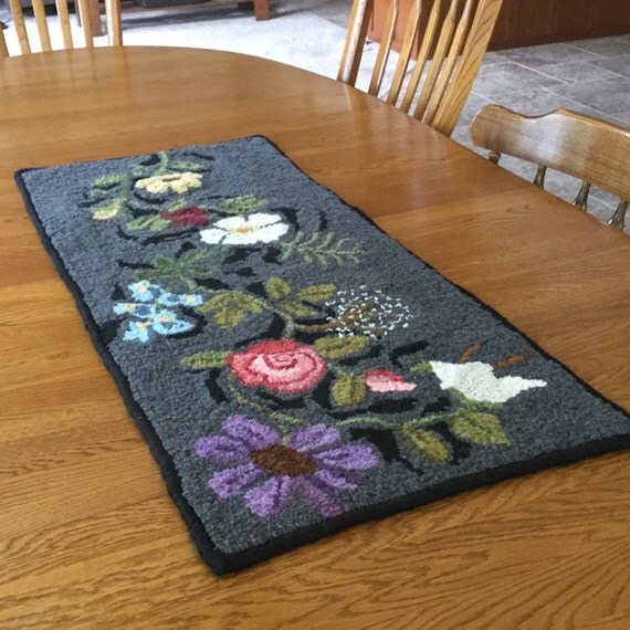 Hooked Rug Floral Table Runner