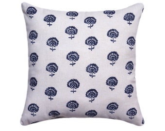 Indigo and Tan Hand Block Print Decorative Designer Pillow Cover, Accent Cushion Cover, Boho Style, Navy blue, Natural Cream Floral Pillow