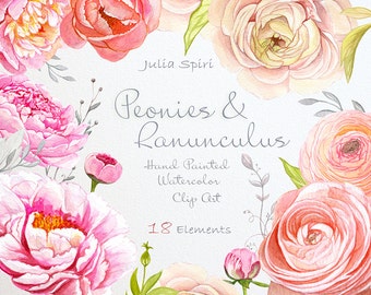 Watercolor Flowers Clipart, Peonies, Ranunculus, Wedding Invitation, Hand Painted, Greeting card, Peony Diy Romantic. Peonies and Ranunculus