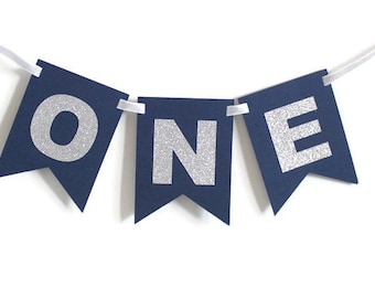 Silver & Navy ONE High Chair Banner Happy Birthday Banner/ Boy Birthday/ Prince Party/ Child Birthday/ Party Decorations/ 1st birthday