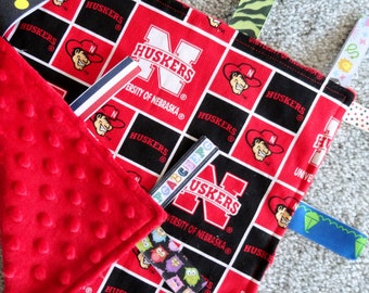 Nebraska Cornhuskers Baby Lovey Ribbon Blanket, Red Minky Fabric, Sensory Lovey Blanket, Baby Shower Gift, I Spy Blanket, Sensory Ribbons