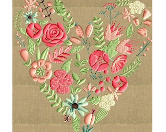 Floral Heart Embroidery Design - EMBROIDERY DESIGN FILE - Instant download - Dst Jef Pes VP3 Exp formats - in 2 sizes