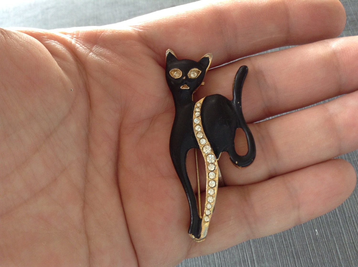 Black Cat Enamel Brooch With Clear Rhinestone Eyes And Stripe