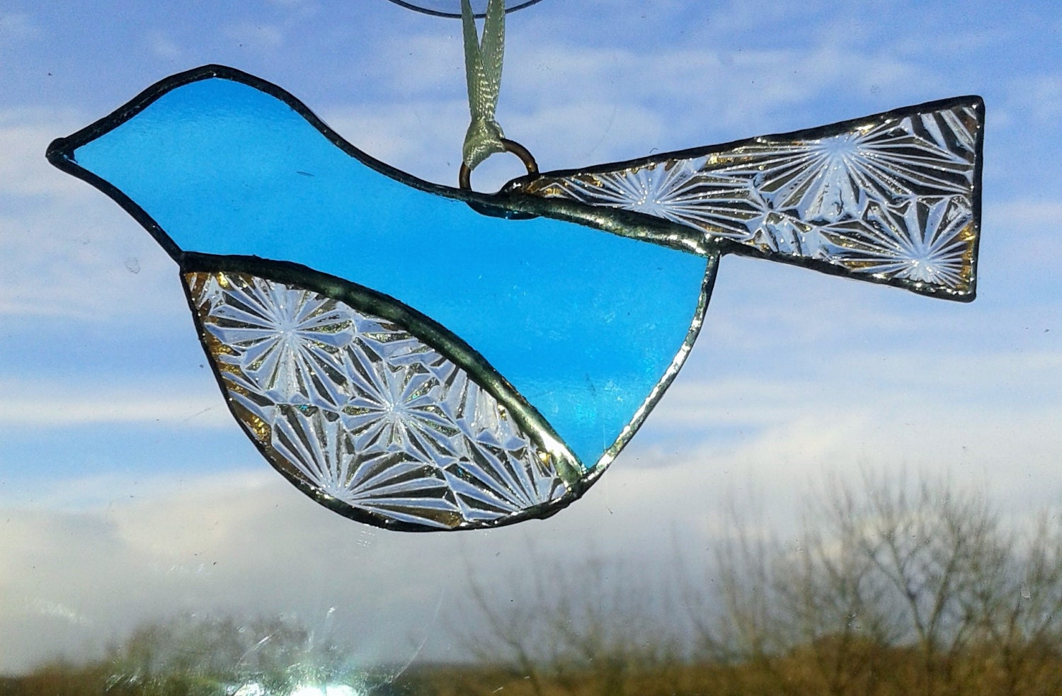 Stained Glass Bird Suncatcher Turquoise glass Handmade gift