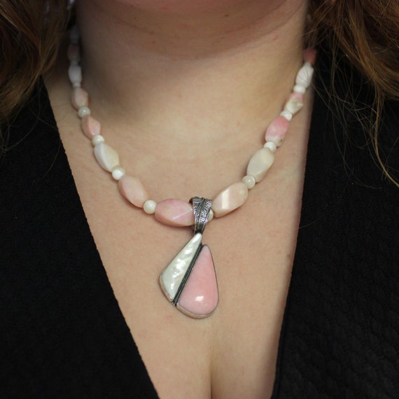 Designer Coral, Mother of Pearl Necklace, Sterling Silver. David King Jewelry. Adjustable Length