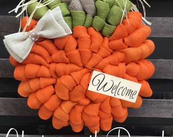 Pumpkin Burlap Wreath - Welcome Door Wreath - Rustic Country Shabby Chic Thanksgiving Fall Autumn Harvest Halloween