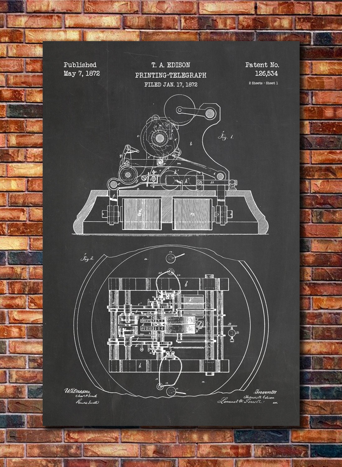 Edison Printing Telegraph Patent Print Art 1872