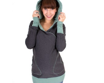 Nursing hoodie maternity, nursing jumper, nursing wear, breast feeding top, pregnancy fashion, anthracite - mint green with dots, BELLY BOO