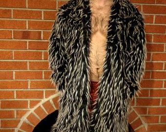 Black and White Faux Fur Coat with Hood