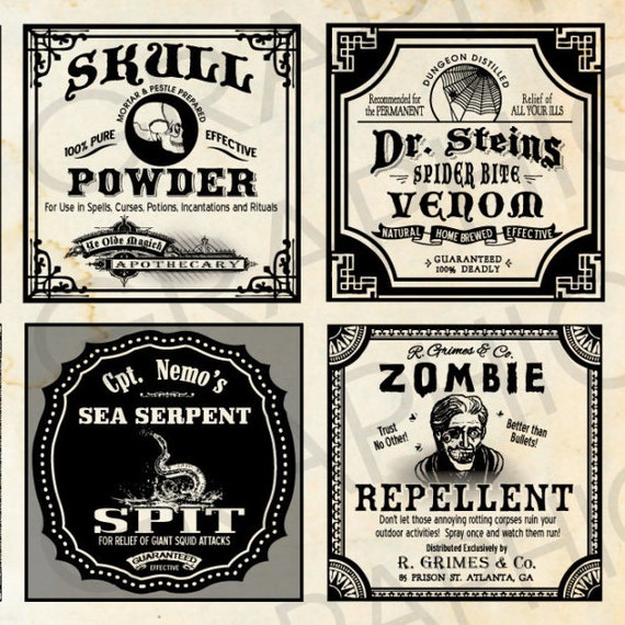 2 Square Halloween Witch Labels Poison Apothecary Tags
