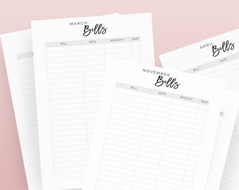 Monthly Bill Tracker, Printable Planner Inserts, A4, A5, Letter, Modern Organizer, Mininal Monthly Planner Kit, Printable Financial Planner