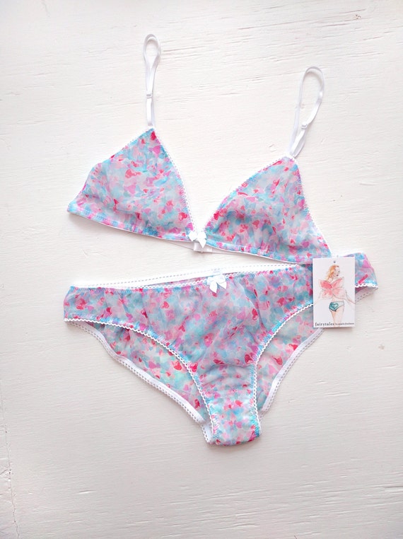 Love Me bralette in printed silk chiffon with hearts sheer