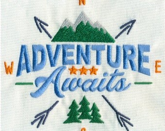 5"W Large - Adventure Awaits with Mountains, Trees and Arrows Embroidery Design - Instant Digital Download