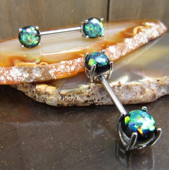 Green opal nipple barbell pair 14g stainless by SirenBodyJewelry