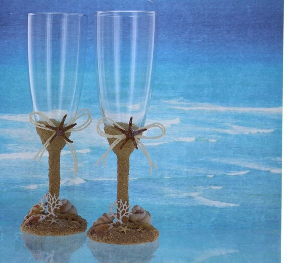 Beach Themed Toasting Flutes Wedding Glasses