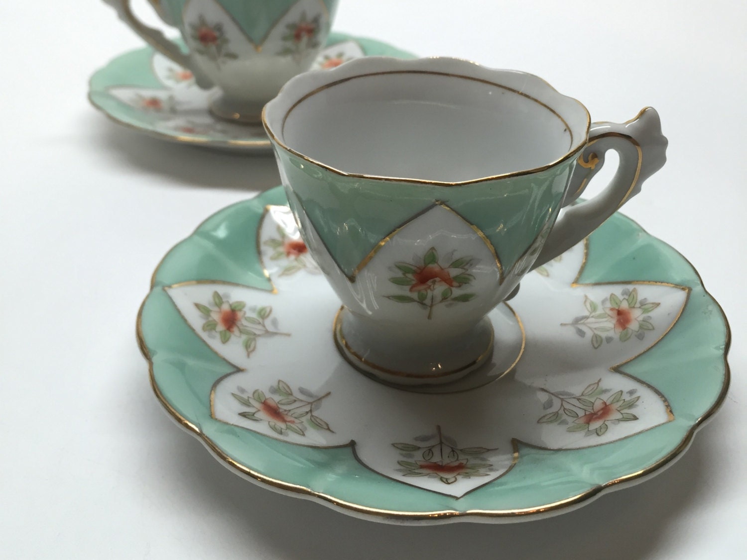 Vintage 4 pc. Mint Green Floral Pattern Ucagco China Teacups