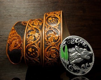 Hand-tooled leather belt, hand-carved belt, sheridan belt, wolf belt, carved leather belt, custom belt