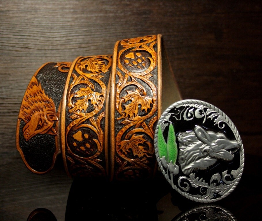 Hand-tooled leather belt hand-carved belt sheridan belt