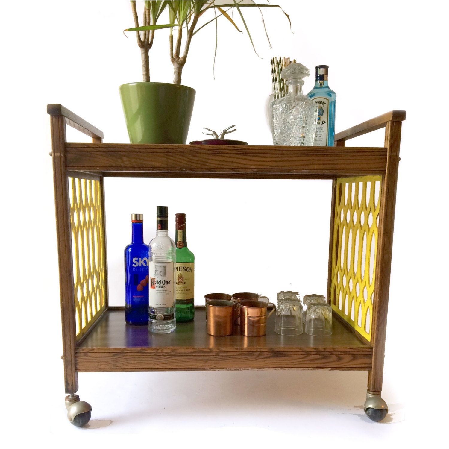 Mid Century Bar Cart // Modern Yellow Color Pop Rolling Side