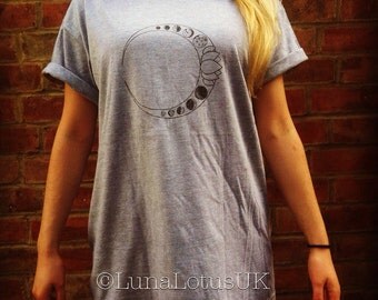 Luna Lotus T-Shirt Hand Screen Printed Grey Large Moon Phase Lunar Planets Space Hand Made Celestial Galaxy Cosmic New Age