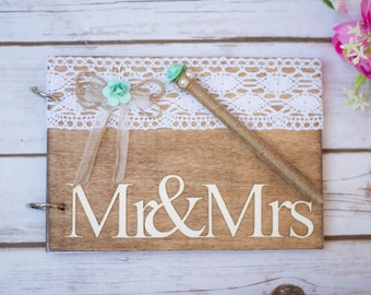 Wedding Guest Book Wooden Guest Book Mint Aqua Guestbook Country Wedding Decoration Guest Books Pen