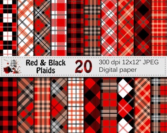 Black and Red Plaids Digital Paper Set, Buffalo Plaids Lumberjack Digital papers, Black Red Geometric Scrapbook papers, Instant Download