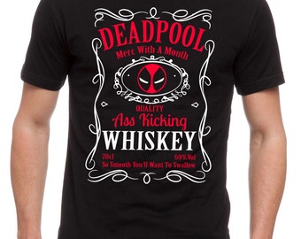 DEADPOOL WHISKY T-SHIRT - Antihero Drinking Mash Up Black Tee Sizes Small - 5XL