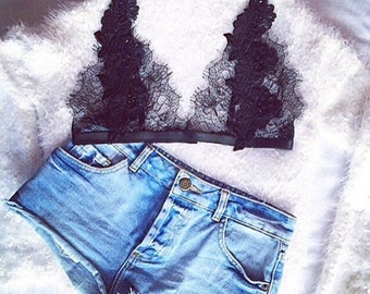 Black Applique Lace Bralette & French Knicker Set