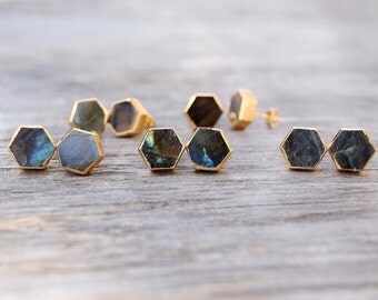 Natural Labradorite Stud Earrings, Hexagon Labradorite Studs, Boho Chic, Gold Plated Bezel Natural Stone Posts, Statement Geometric Gemstone