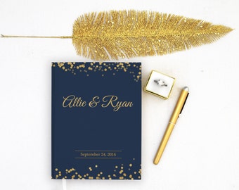 Wedding Guest Book Personalized Gold Guest Books Custom Guestbook Modern Wedding Gold Foil faux Script Glitter Wedding - Navy