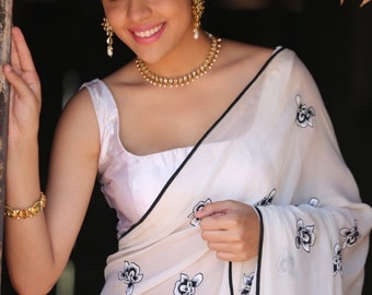 Iris Pure Chiffon Pure White Saree, White, Black, Elegant, Beautiful, Floral, Stunning, Indian, Hand embroidery, Indian