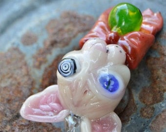 Heady glass pendant, Sphynx Hairless Cat, bow and UV reactive bell, handmade, 2.75 inches, ready to ship