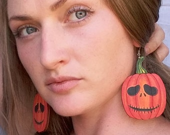 Halloween earrings. Pumpkin. Halloween party. Wooden earrings. Medical steel. Gift for her. Painting jewelry
