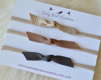 Leather Baby Headband, Baby Headband, Leather Bow Headband, Newborn Headband, Nylon Baby Headband, Baby Girl Headband, Baby Bows, Gold Bow