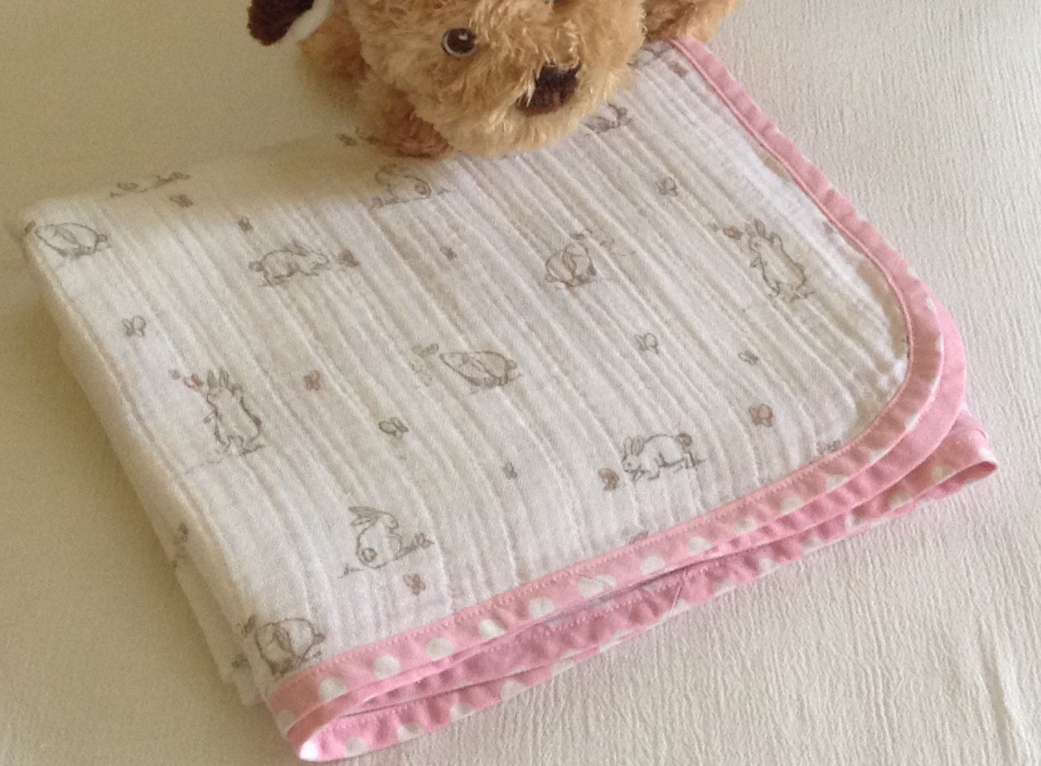 Baby Blanket Handmade White Blanket with Pink Bunnies Baby