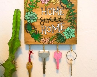 Home Sweet Home / Home Sweet Home Sign / Key Holder / Key Hook / Key Rack / Gift Women / Succulent Art / Succulent Favors / Jewelry Display