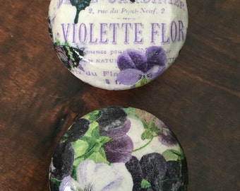 2 inch knob, shabby cottage, decoupaged wooden knob, violets, floral knobs, purple knobs cabinet knobs, lavender knobs
